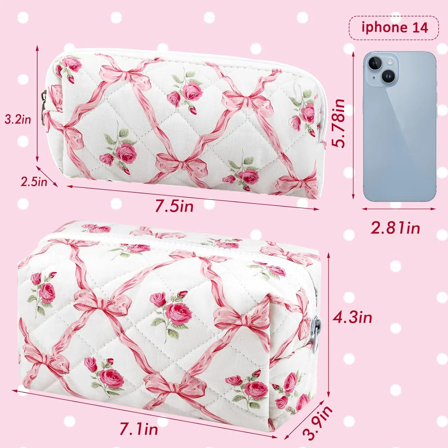 2Pcs Cotton Quilted Makeup Bag for Women Girls Coquette Cosmetic Bag Cute Zipper Pink Bow Pencil Pouch Aesthetic Portable Travel Toiletry Bag Trendy Essentials Skincare Makeup Brush Pouch