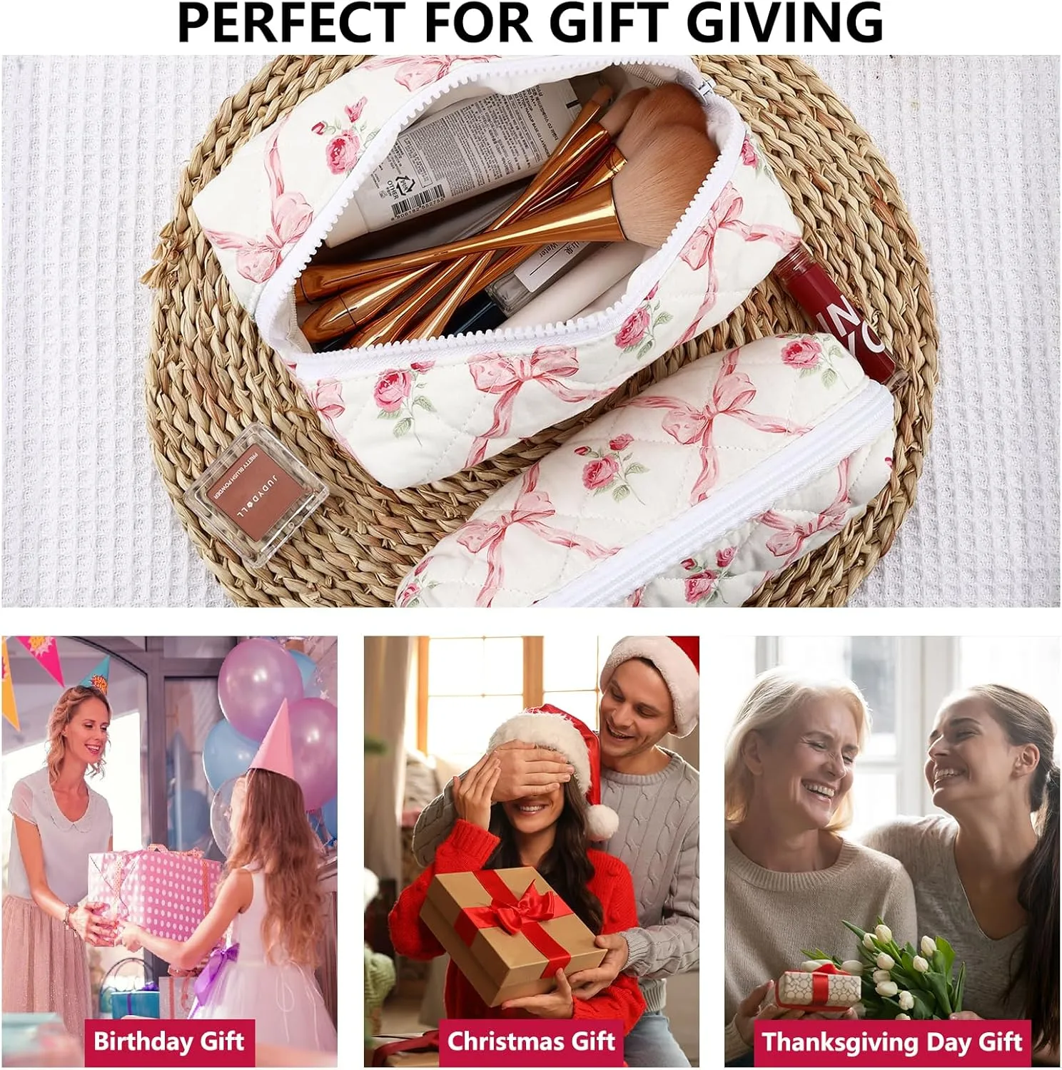 2Pcs Cotton Quilted Makeup Bag for Women Girls Coquette Cosmetic Bag Cute Zipper Pink Bow Pencil Pouch Aesthetic Portable Travel Toiletry Bag Trendy Essentials Skincare Makeup Brush Pouch