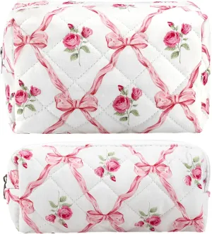 2Pcs Cotton Quilted Makeup Bag for Women Girls Coquette Cosmetic Bag Cute Zipper Pink Bow Pencil Pouch Aesthetic Portable Travel Toiletry Bag Trendy Essentials Skincare Makeup Brush Pouch