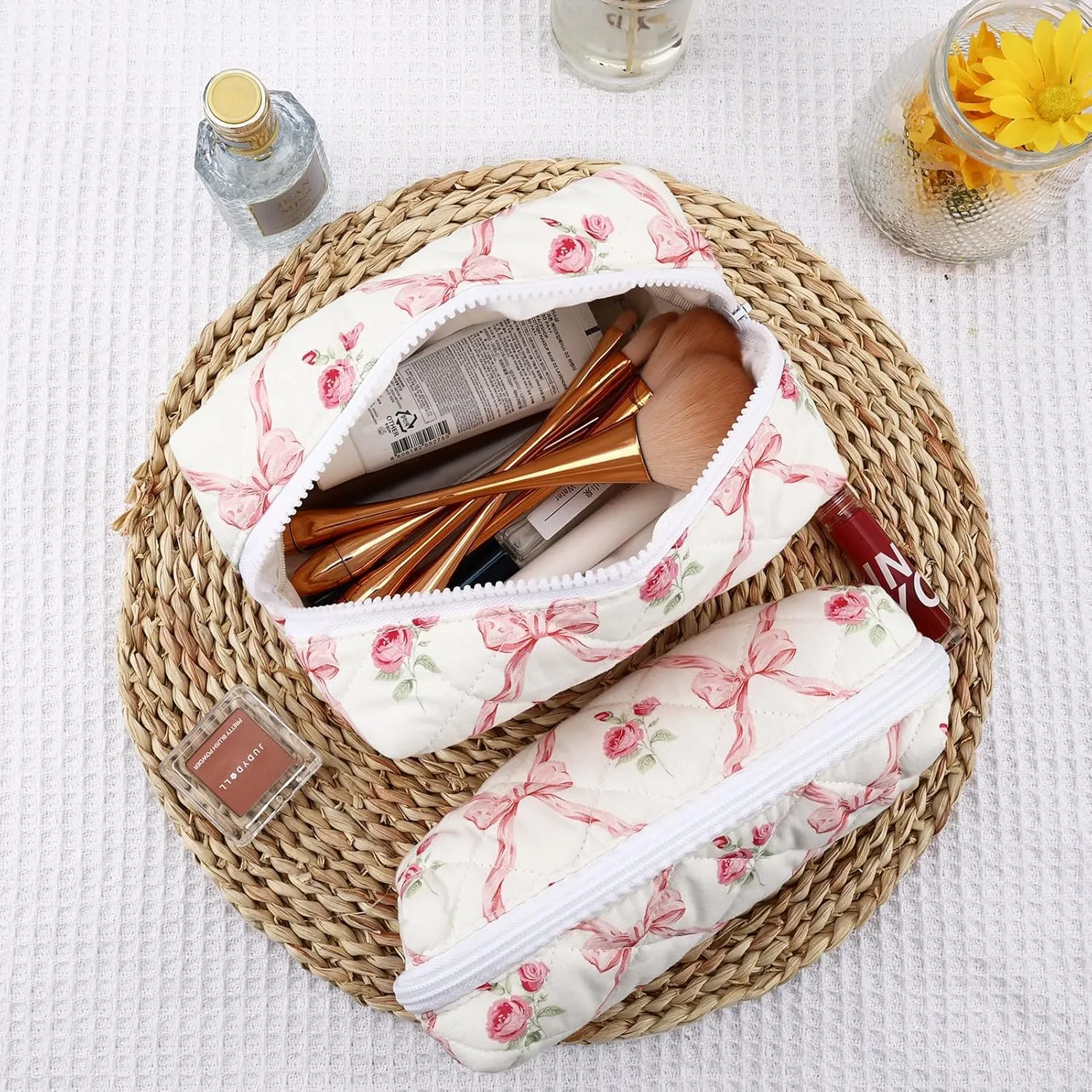 2Pcs Cotton Quilted Makeup Bag for Women Girls Coquette Cosmetic Bag Cute Zipper Pink Bow Pencil Pouch Aesthetic Portable Travel Toiletry Bag Trendy Essentials Skincare Makeup Brush Pouch