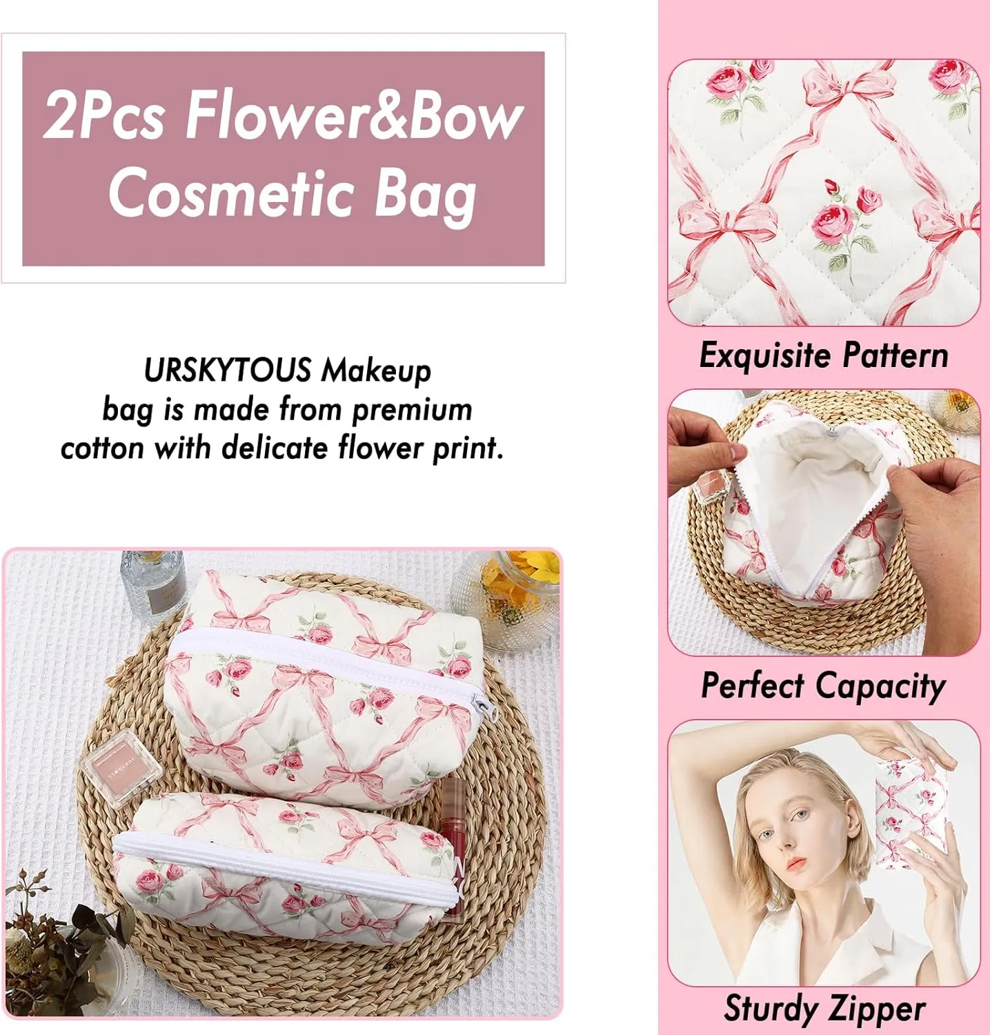 2Pcs Cotton Quilted Makeup Bag for Women Girls Coquette Cosmetic Bag Cute Zipper Pink Bow Pencil Pouch Aesthetic Portable Travel Toiletry Bag Trendy Essentials Skincare Makeup Brush Pouch