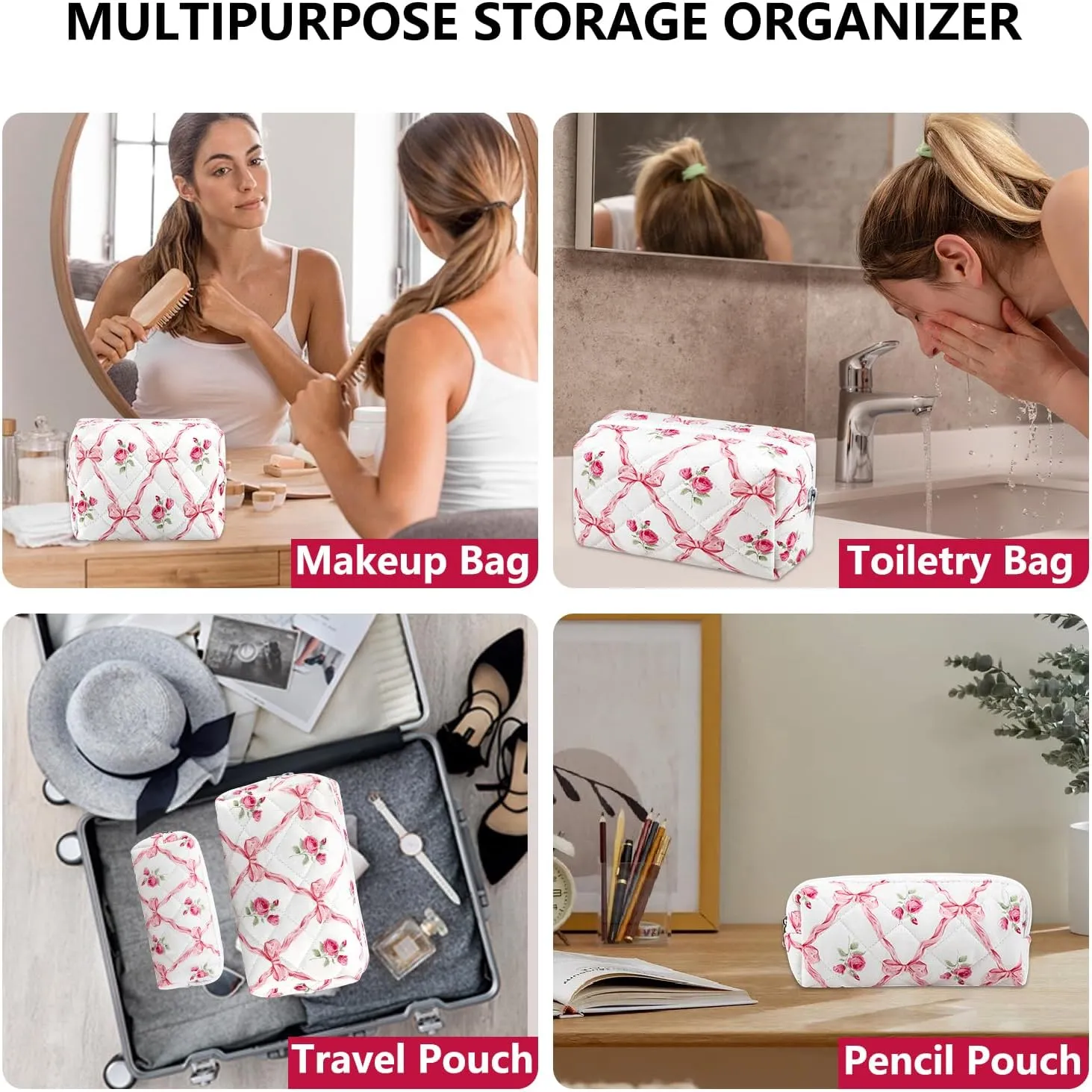 2Pcs Cotton Quilted Makeup Bag for Women Girls Coquette Cosmetic Bag Cute Zipper Pink Bow Pencil Pouch Aesthetic Portable Travel Toiletry Bag Trendy Essentials Skincare Makeup Brush Pouch