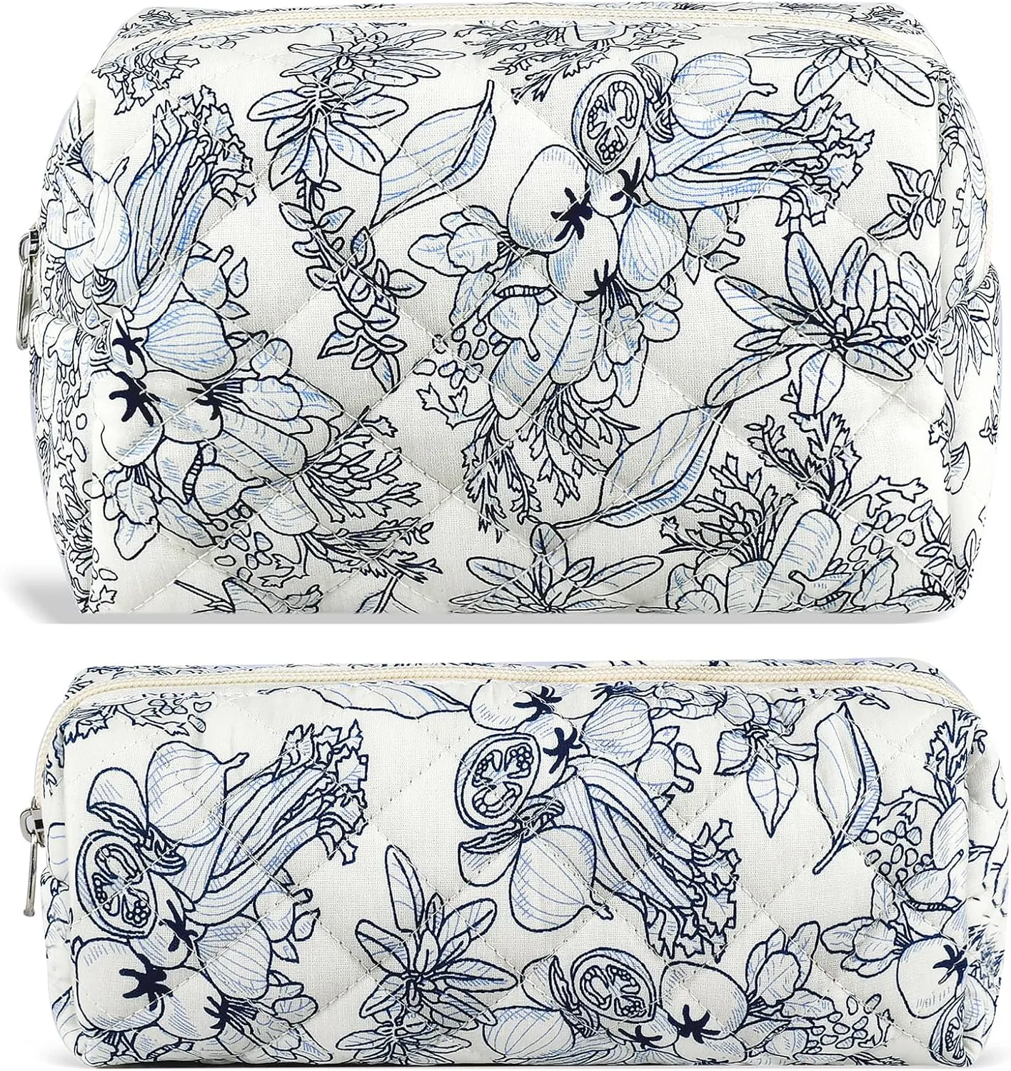 2Pcs Floral Makeup Bag for Women Cotton Quilted Coquette Cosmetic Bag Cute Zipper Black Flower Makeup Pouch Aesthetic Portable Pencil Pouch Travel Toiletry Bag Trendy Cloth Skincare Bag