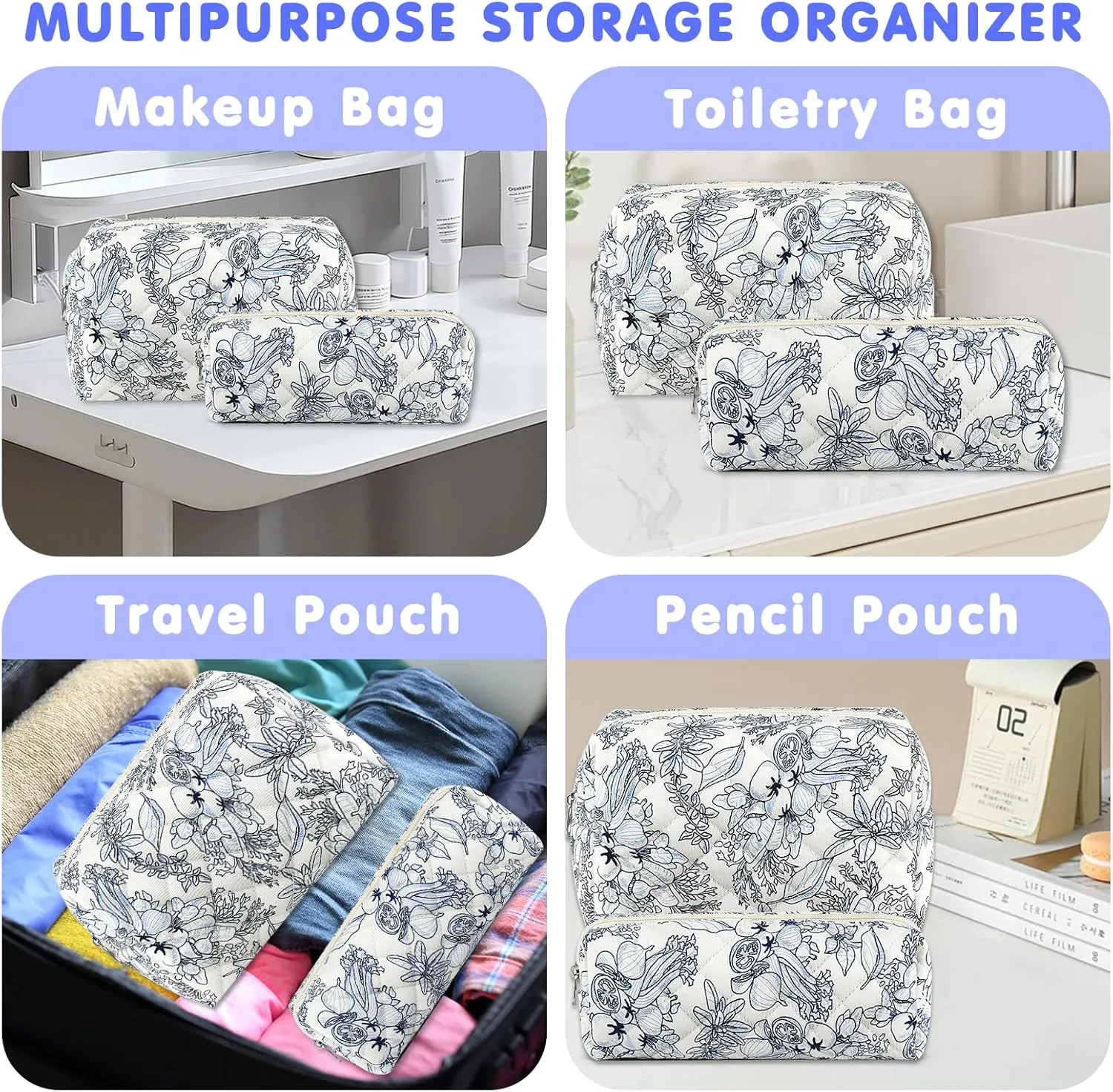 2Pcs Floral Makeup Bag for Women Cotton Quilted Coquette Cosmetic Bag Cute Zipper Black Flower Makeup Pouch Aesthetic Portable Pencil Pouch Travel Toiletry Bag Trendy Cloth Skincare Bag