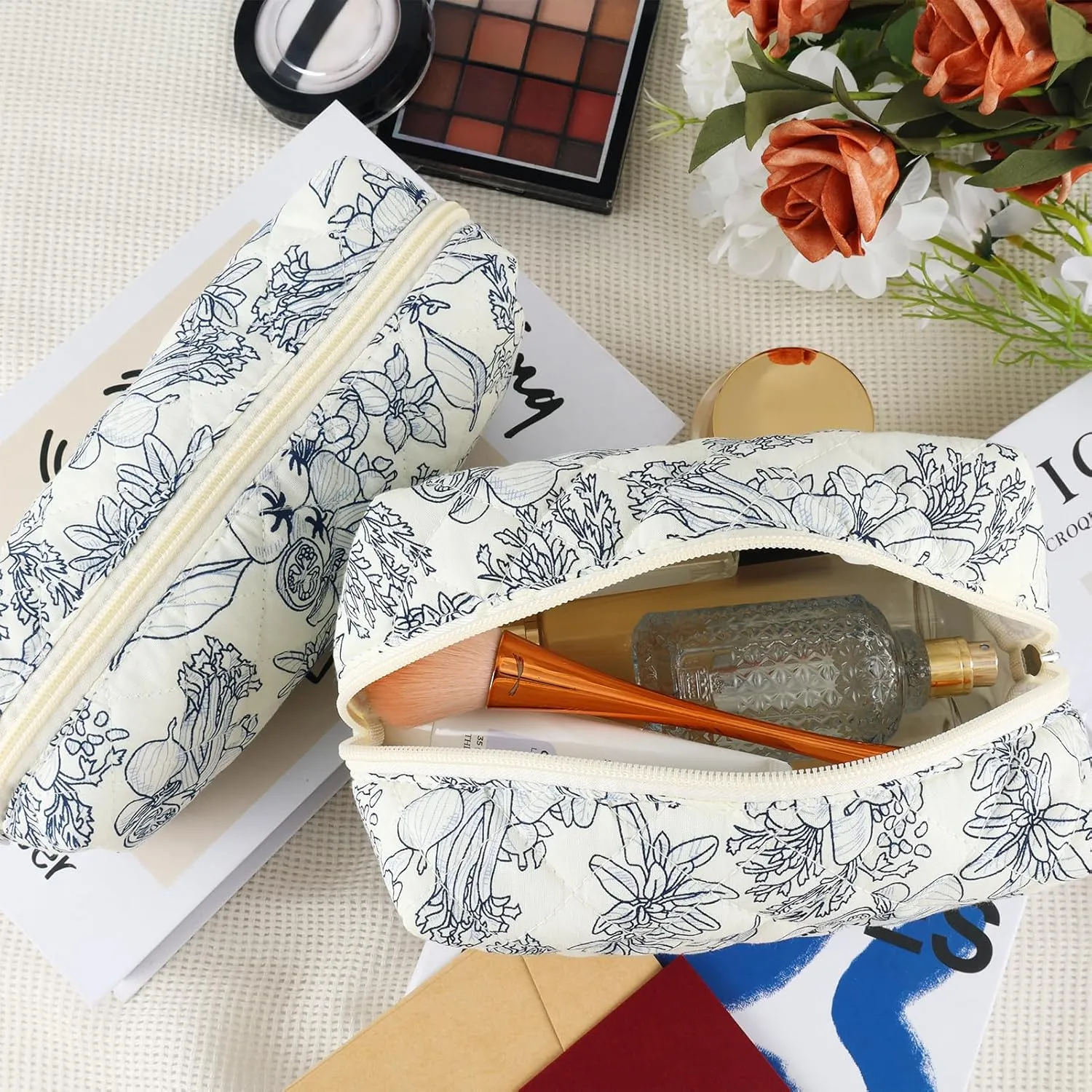 2Pcs Floral Makeup Bag for Women Cotton Quilted Coquette Cosmetic Bag Cute Zipper Black Flower Makeup Pouch Aesthetic Portable Pencil Pouch Travel Toiletry Bag Trendy Cloth Skincare Bag