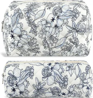 2Pcs Floral Makeup Bag for Women Cotton Quilted Coquette Cosmetic Bag Cute Zipper Black Flower Makeup Pouch Aesthetic Portable Pencil Pouch Travel Toiletry Bag Trendy Cloth Skincare Bag