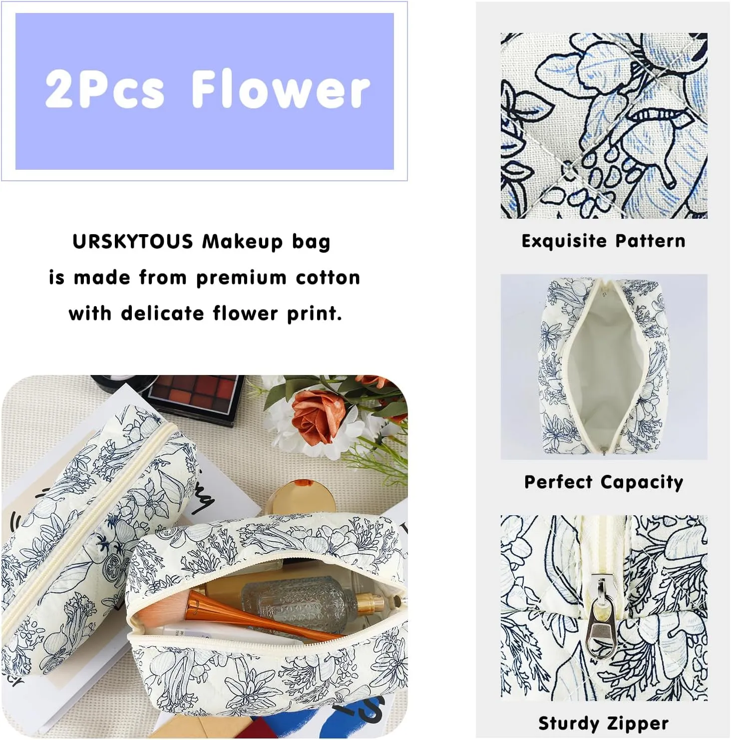 2Pcs Floral Makeup Bag for Women Cotton Quilted Coquette Cosmetic Bag Cute Zipper Black Flower Makeup Pouch Aesthetic Portable Pencil Pouch Travel Toiletry Bag Trendy Cloth Skincare Bag