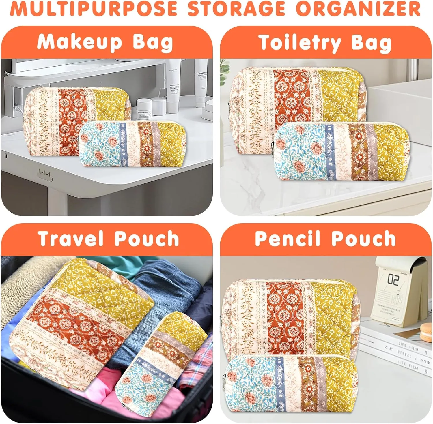 2Pcs Floral Makeup Bag for Women Cotton Quilted Coquette Cosmetic Bag Cute Zipper Mixed Flower Makeup Pouch Aesthetic Portable Pencil Pouch Travel Toiletry Bag Trendy Cloth Skincare Bag