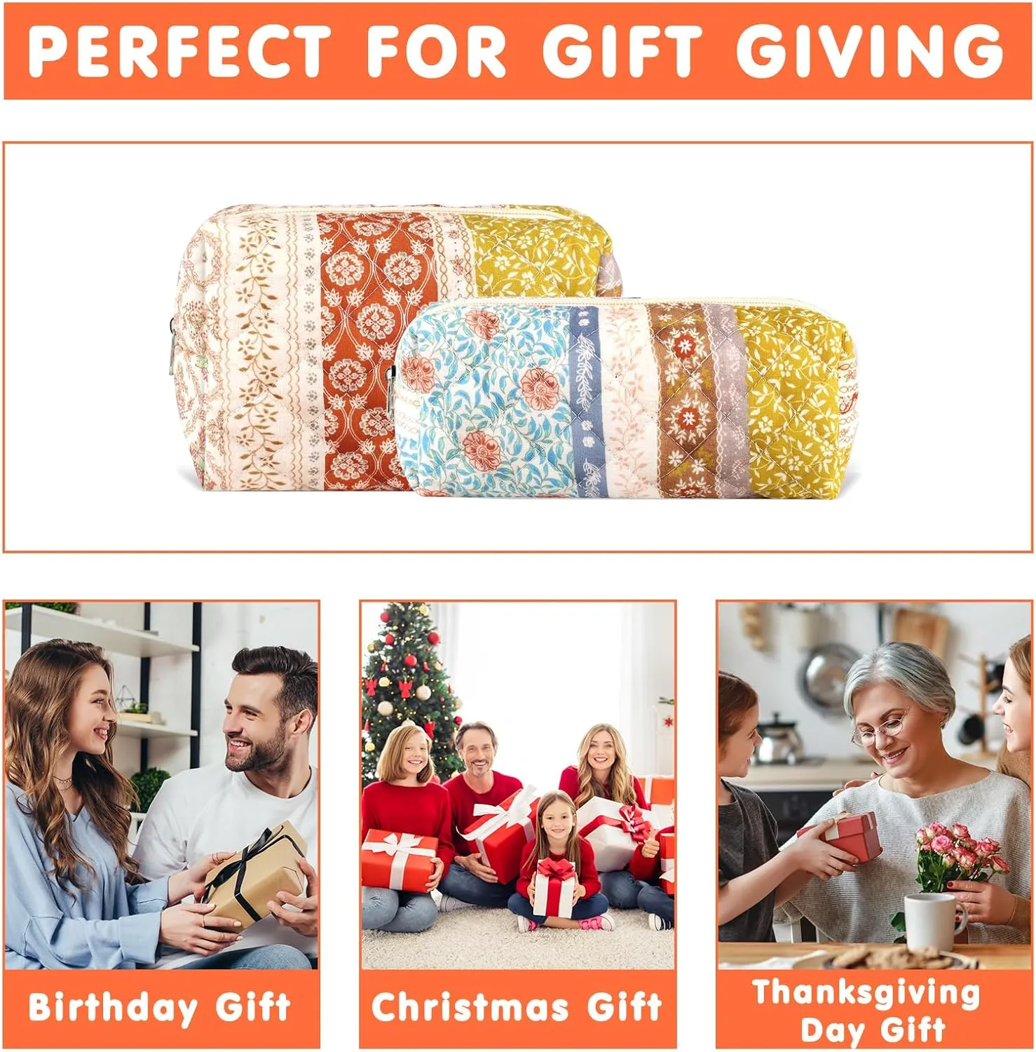 2Pcs Floral Makeup Bag for Women Cotton Quilted Coquette Cosmetic Bag Cute Zipper Mixed Flower Makeup Pouch Aesthetic Portable Pencil Pouch Travel Toiletry Bag Trendy Cloth Skincare Bag