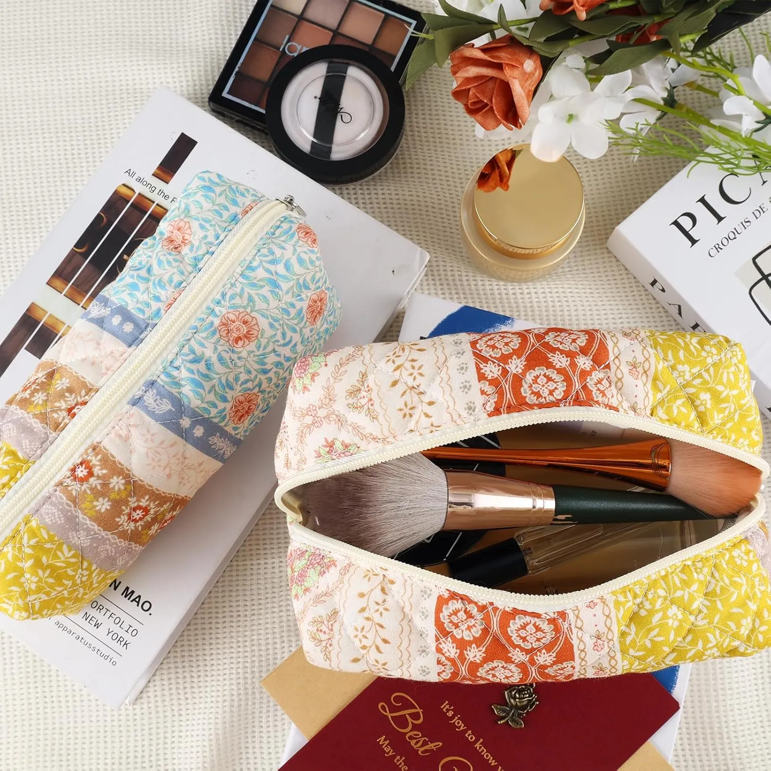2Pcs Floral Makeup Bag for Women Cotton Quilted Coquette Cosmetic Bag Cute Zipper Mixed Flower Makeup Pouch Aesthetic Portable Pencil Pouch Travel Toiletry Bag Trendy Cloth Skincare Bag