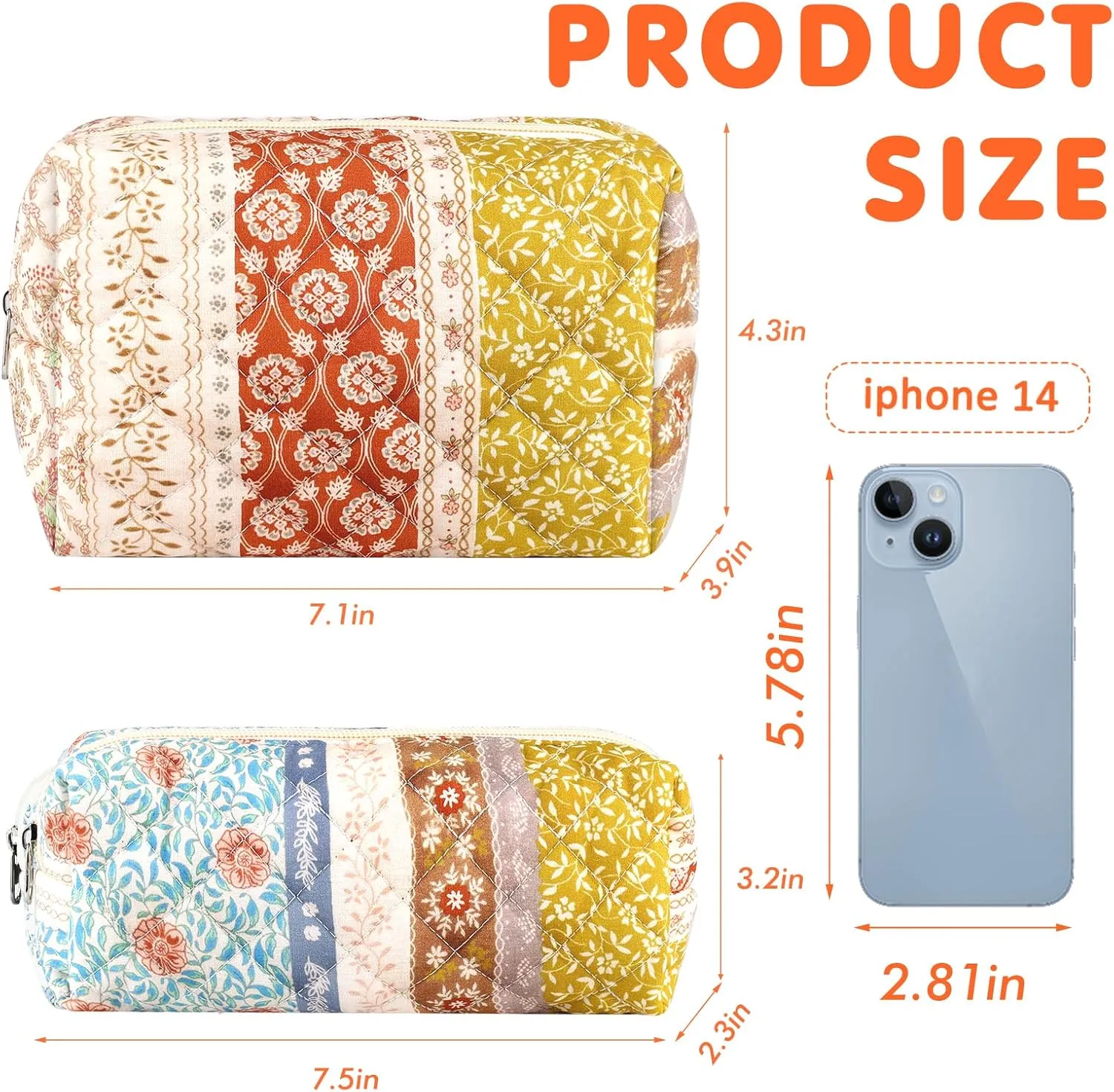 2Pcs Floral Makeup Bag for Women Cotton Quilted Coquette Cosmetic Bag Cute Zipper Mixed Flower Makeup Pouch Aesthetic Portable Pencil Pouch Travel Toiletry Bag Trendy Cloth Skincare Bag