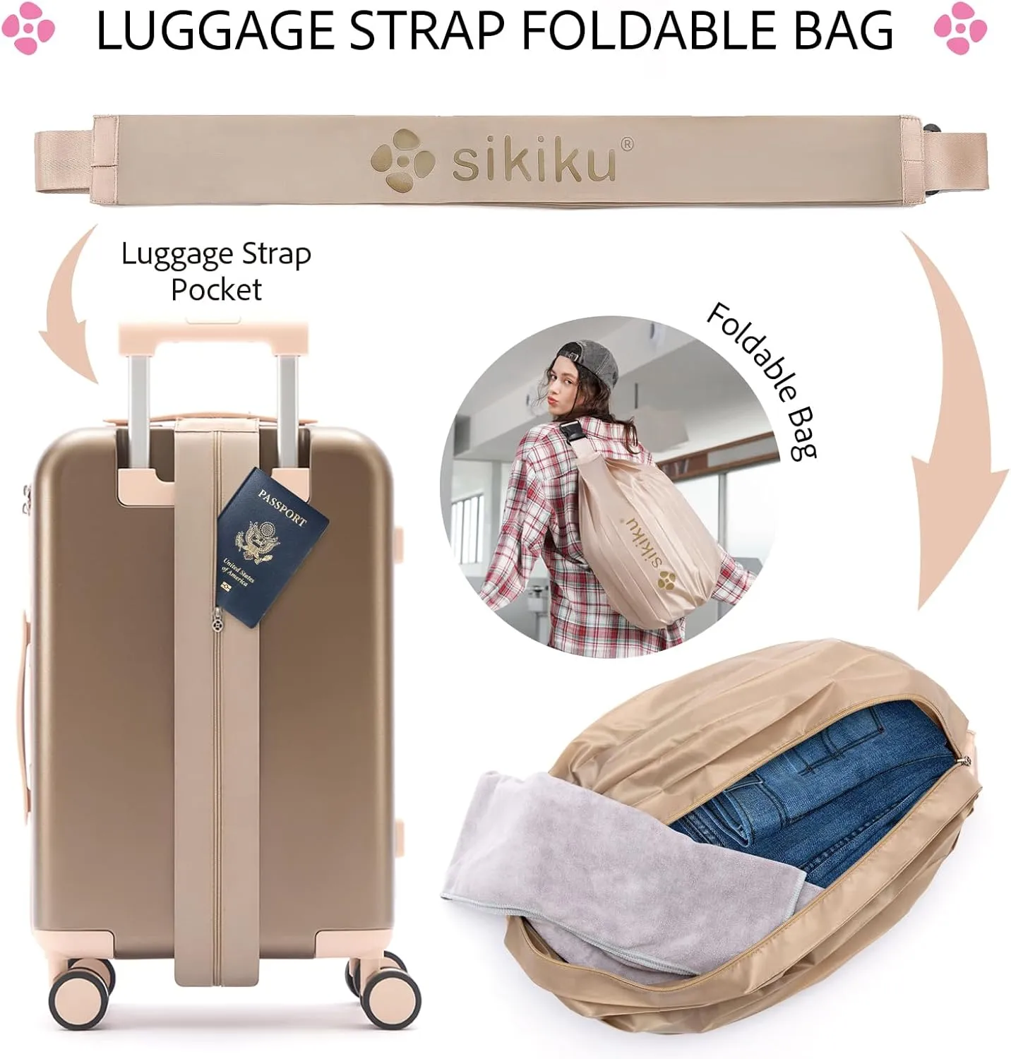 4-Piece Lightweight Luggage Sets for Women, Hardshell Spinner Suitcase with TSA Lock, Expandable Duffel Bag, Luggage Strap, and Leather TagPink, 20inch)