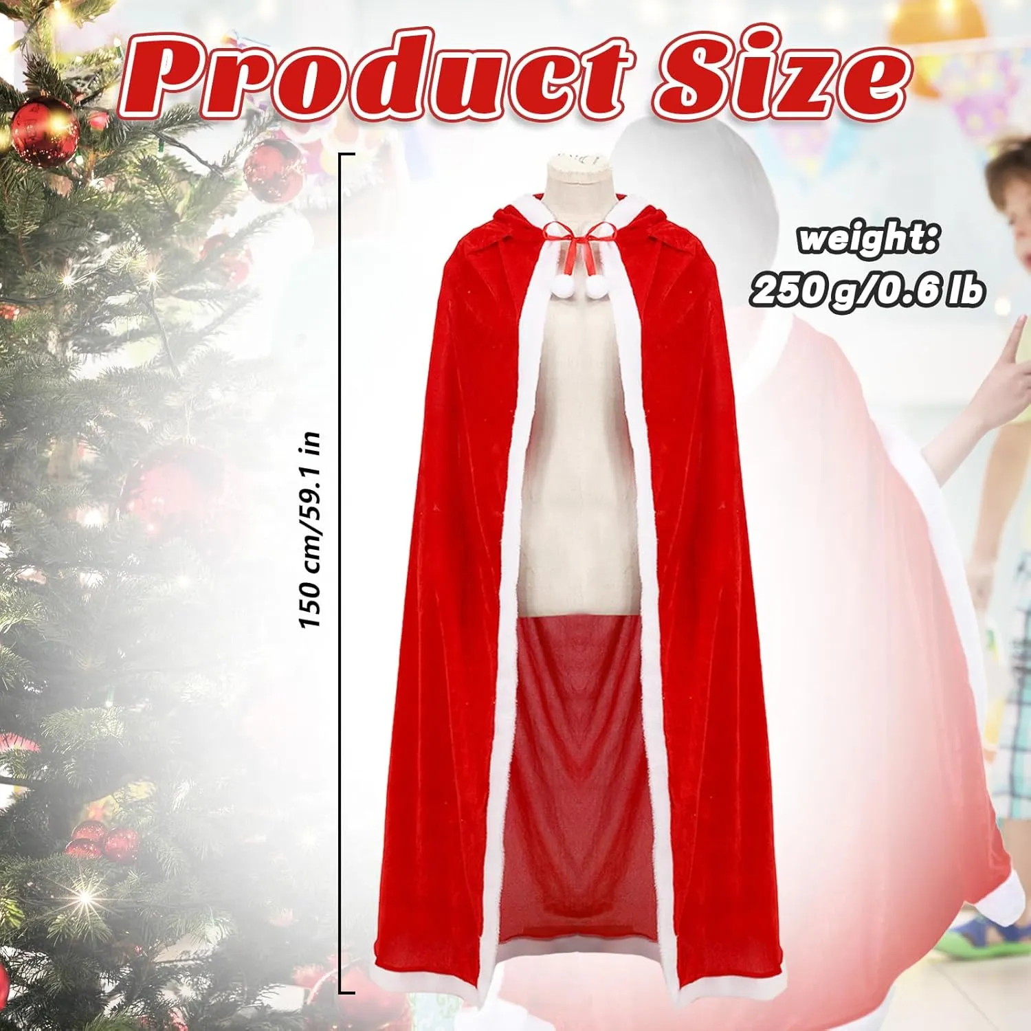 4Pcs Cindy Lou Who Robe Hooded Cloak Wig Necklace Bow Christmas Mrs Santa Claus Velvet Cape Costume Adults Kids