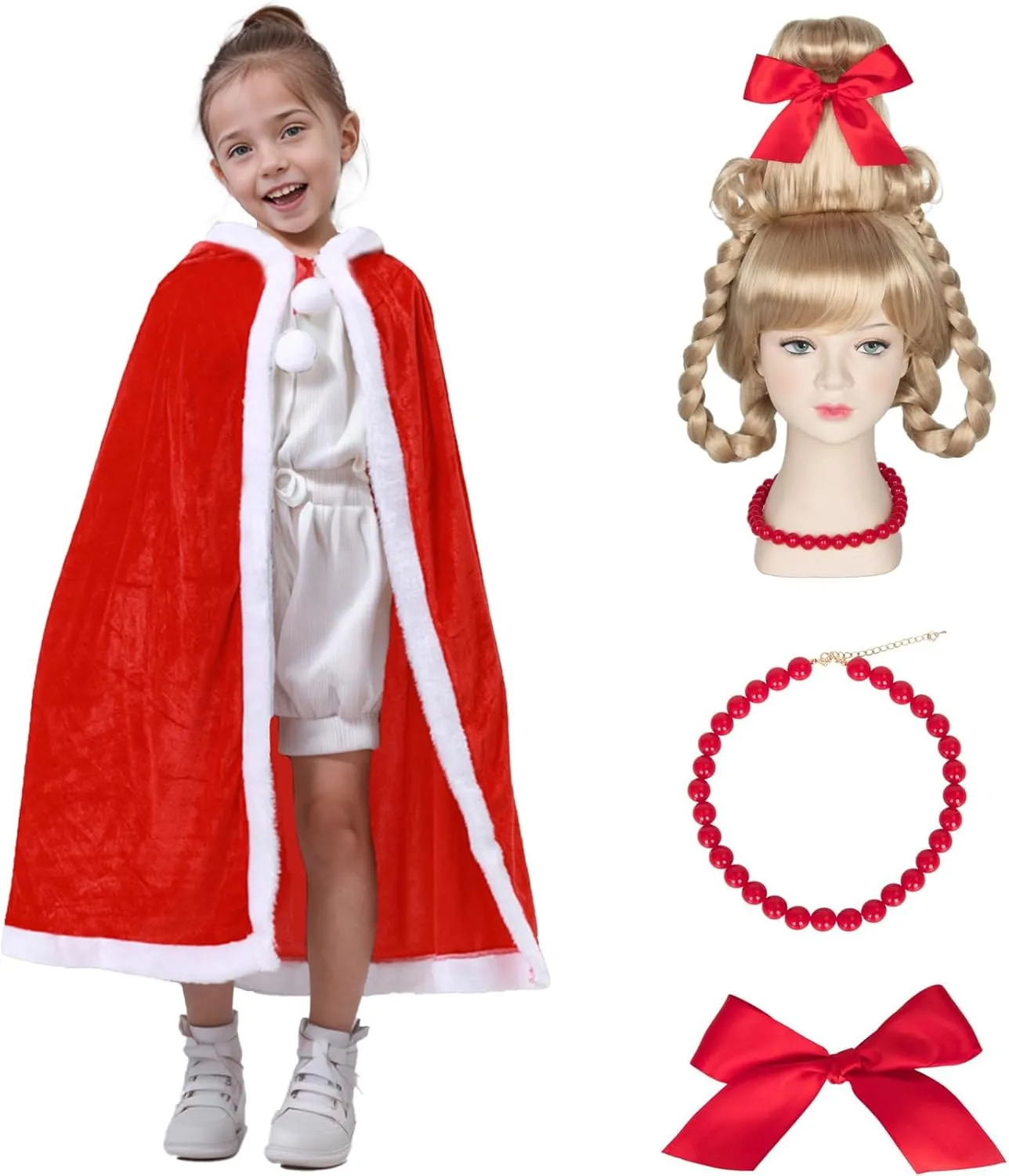 4Pcs Cindy Lou Who Robe Hooded Cloak Wig Necklace Bow Christmas Mrs Santa Claus Velvet Cape Costume Adults Kids