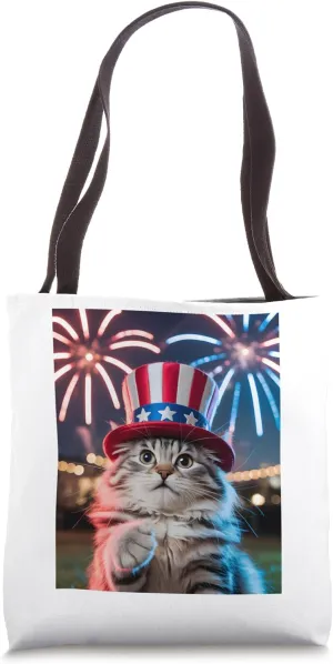 4th of July Cat Selfie Uncle Sam Hat Fireworks Funny Patriot Tote Bag