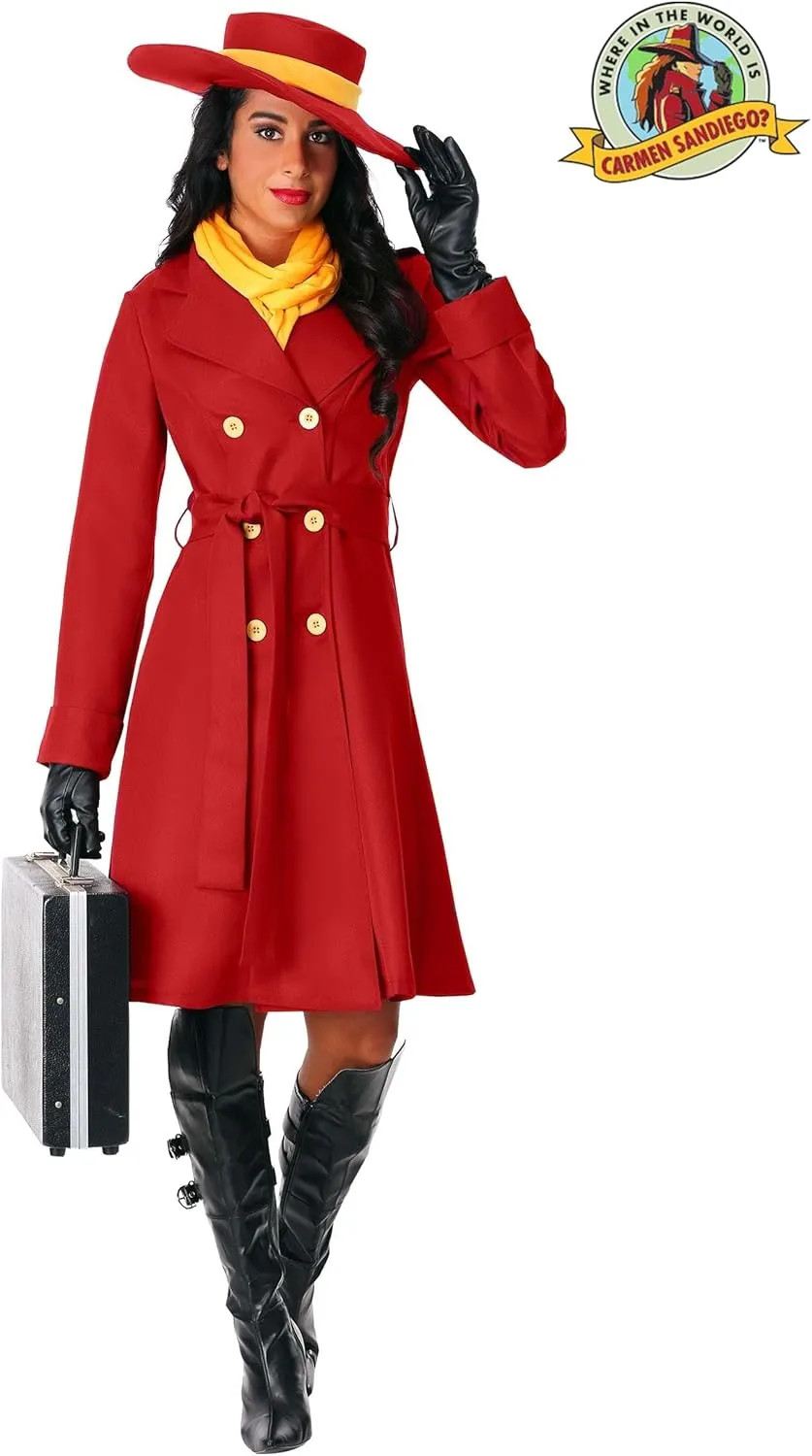 Adult Carmen Sandiego Outfit Womens, Iconic Red Trench Coat Halloween Costume