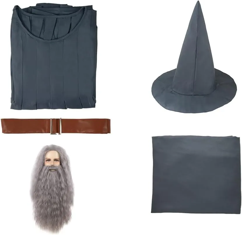 Adult Grey Wizard Costume Men Knight Robe Hooded Cloak Belt Hat Full Set