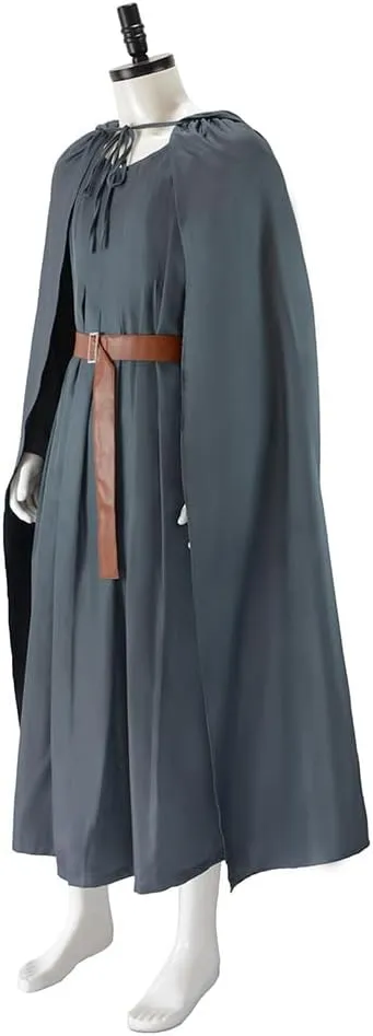 Adult Grey Wizard Costume Men Knight Robe Hooded Cloak Belt Hat Full Set