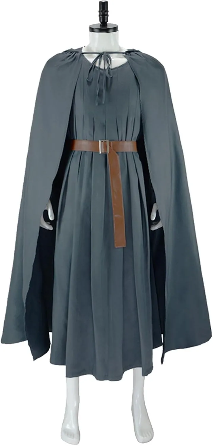 Adult Grey Wizard Costume Men Knight Robe Hooded Cloak Belt Hat Full Set