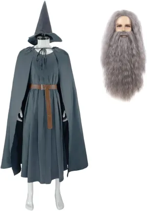 Adult Grey Wizard Costume Men Knight Robe Hooded Cloak Belt Hat Full Set