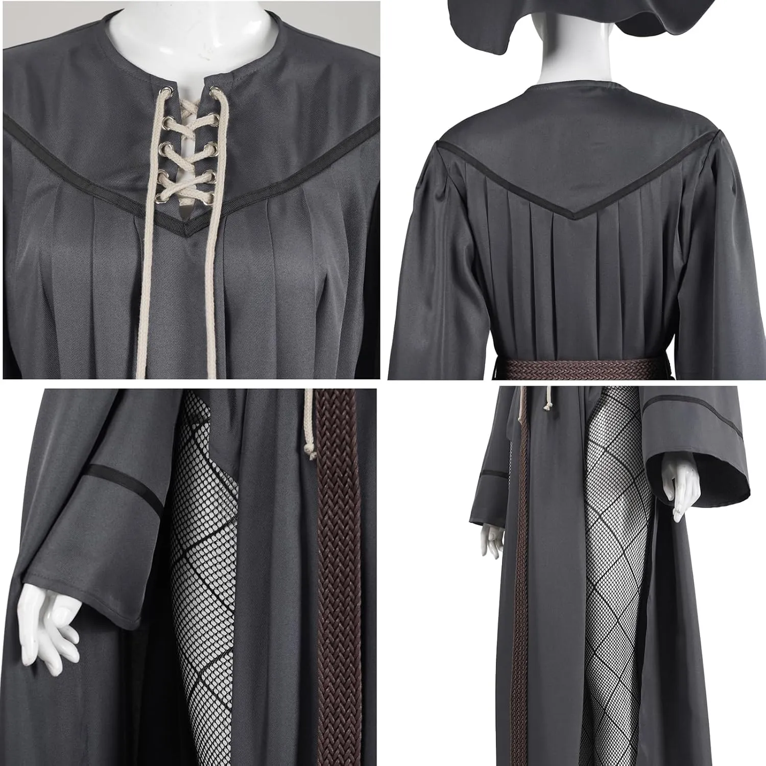 Adult Grey Wizard Costume Women Knight Long Robe Hooded Cloak Hat with Belt