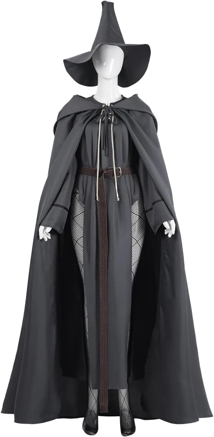 Adult Grey Wizard Costume Women Knight Long Robe Hooded Cloak Hat with Belt