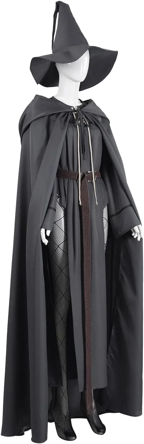 Adult Grey Wizard Costume Women Knight Long Robe Hooded Cloak Hat with Belt
