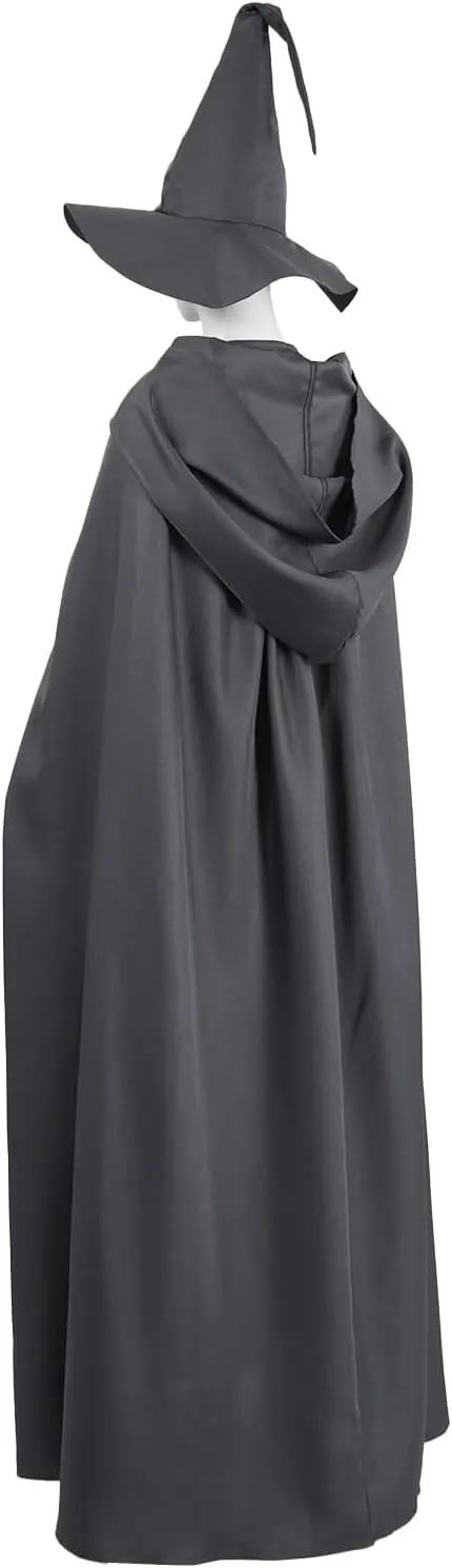 Adult Grey Wizard Costume Women Knight Long Robe Hooded Cloak Hat with Belt
