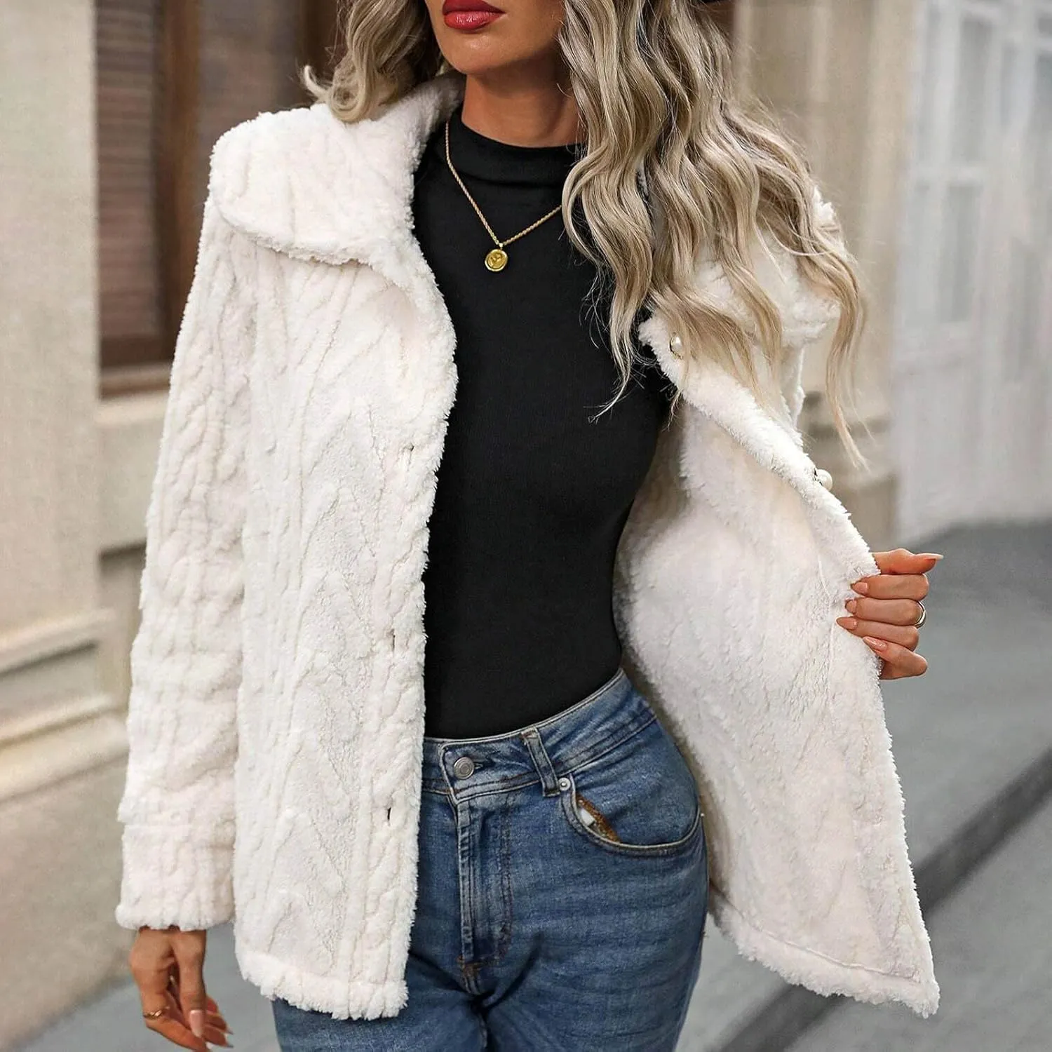 Akklian Sherpa Winter Coats for Women Fuzzy Fleece Jacket Casual Plaid Button Trendy Cropped Coat Chunky Warm Outerwear 2024