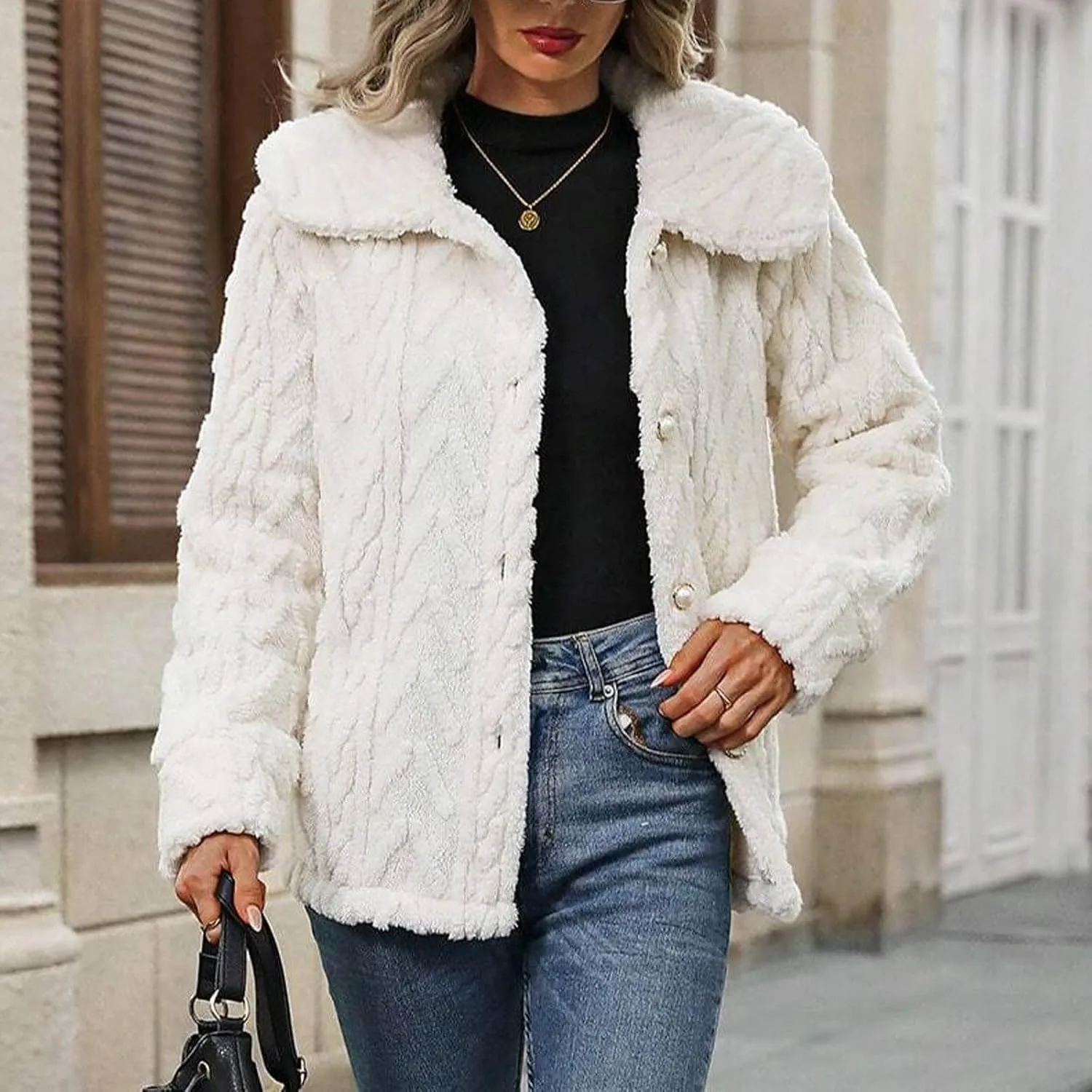 Akklian Sherpa Winter Coats for Women Fuzzy Fleece Jacket Casual Plaid Button Trendy Cropped Coat Chunky Warm Outerwear 2024