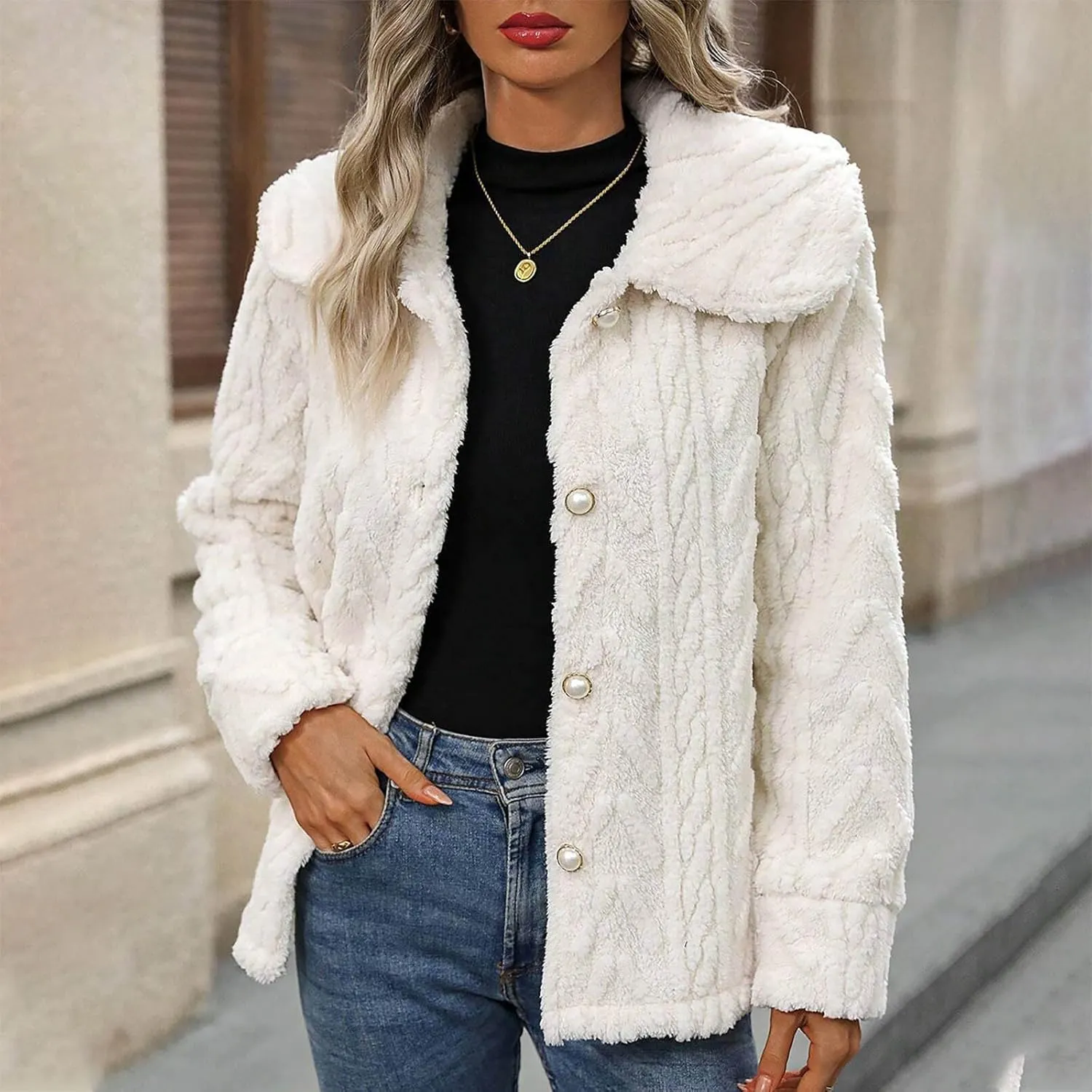 Akklian Sherpa Winter Coats for Women Fuzzy Fleece Jacket Casual Plaid Button Trendy Cropped Coat Chunky Warm Outerwear 2024