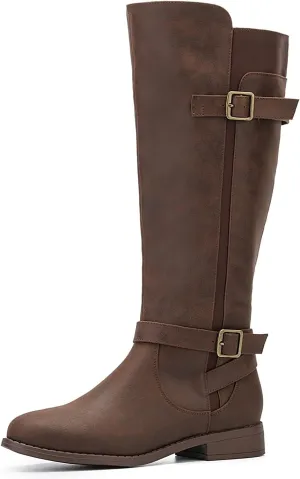 ALLOT Women's Knee High Boots Stretchy Fashion Riding Boot Flat Low Heel Buckle Strap Winter Motorcycle Shoes ALLOT Women's Knee High Boots Stretchy Fashion Riding Boot Flat Low Heel Buckle Strap Winter Motorcycle Shoes