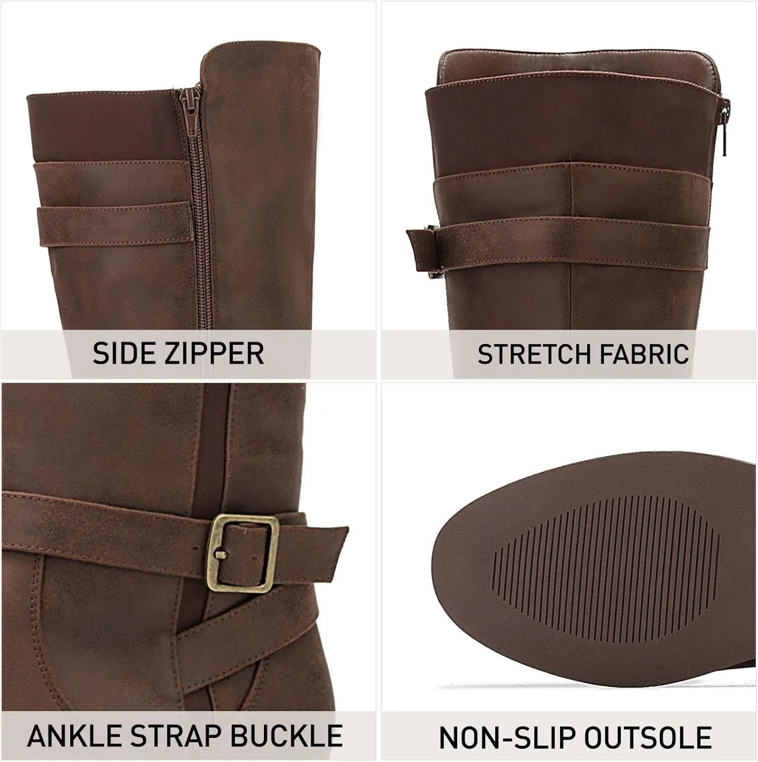 ALLOT Women's Knee High Boots Stretchy Fashion Riding Boot Flat Low Heel Buckle Strap Winter Motorcycle Shoes