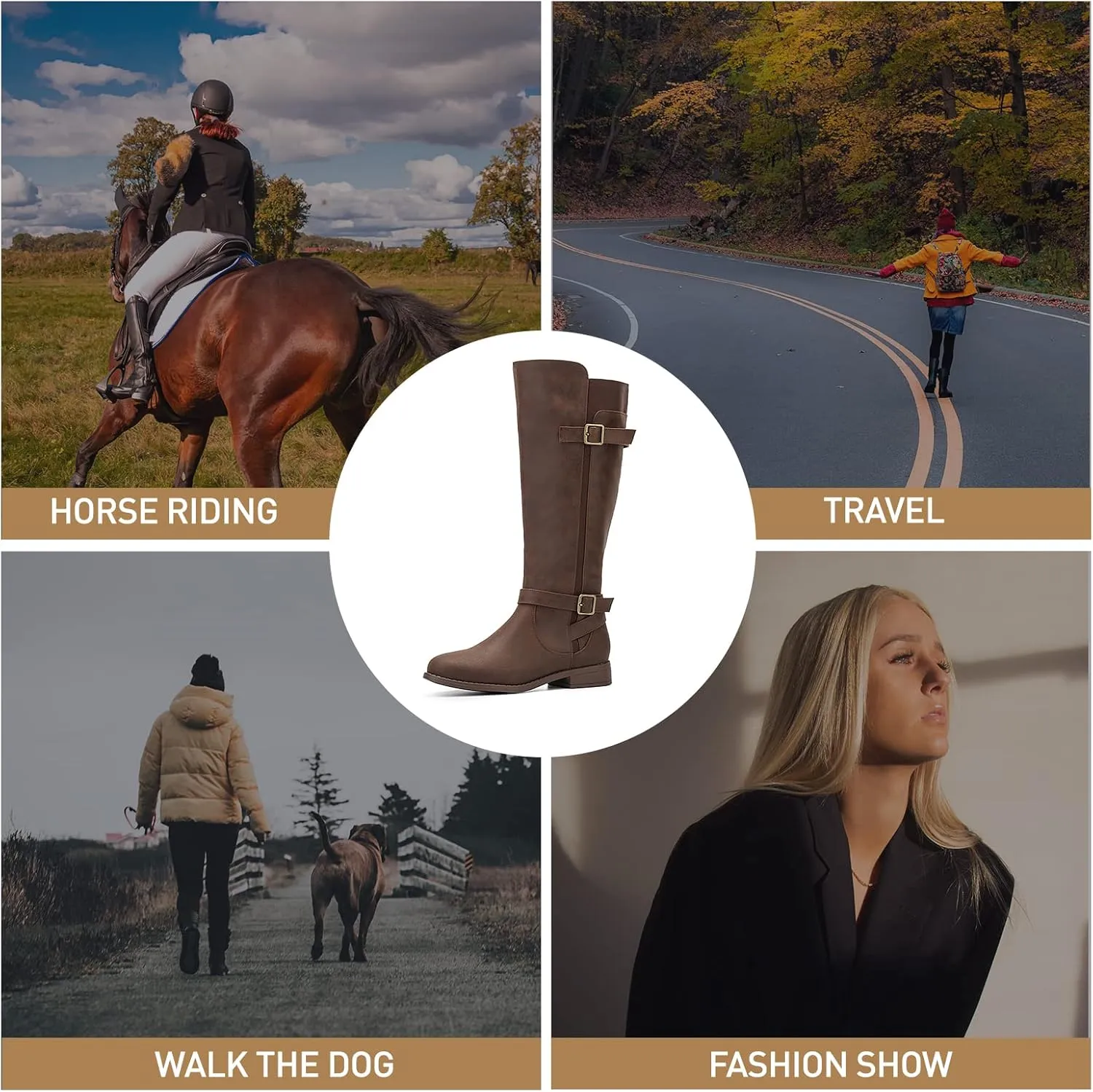 ALLOT Women's Knee High Boots Stretchy Fashion Riding Boot Flat Low Heel Buckle Strap Winter Motorcycle Shoes