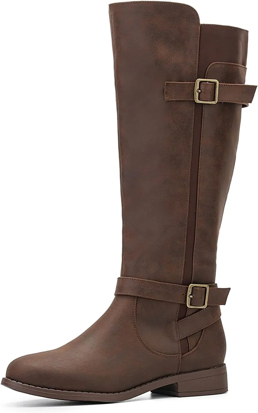 ALLOT Women's Knee High Boots Stretchy Fashion Riding Boot Flat Low Heel Buckle Strap Winter Motorcycle Shoes