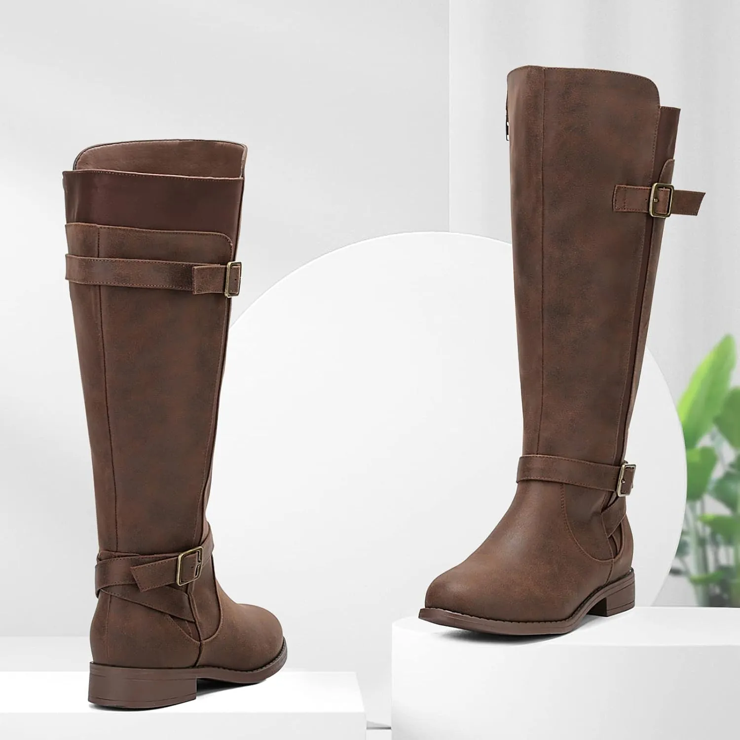 ALLOT Women's Knee High Boots Stretchy Fashion Riding Boot Flat Low Heel Buckle Strap Winter Motorcycle Shoes