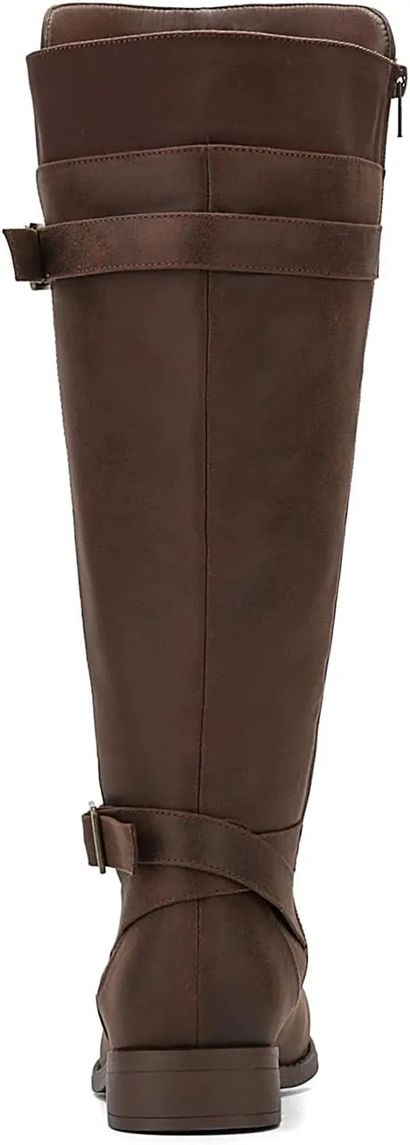 ALLOT Women's Knee High Boots Stretchy Fashion Riding Boot Flat Low Heel Buckle Strap Winter Motorcycle Shoes