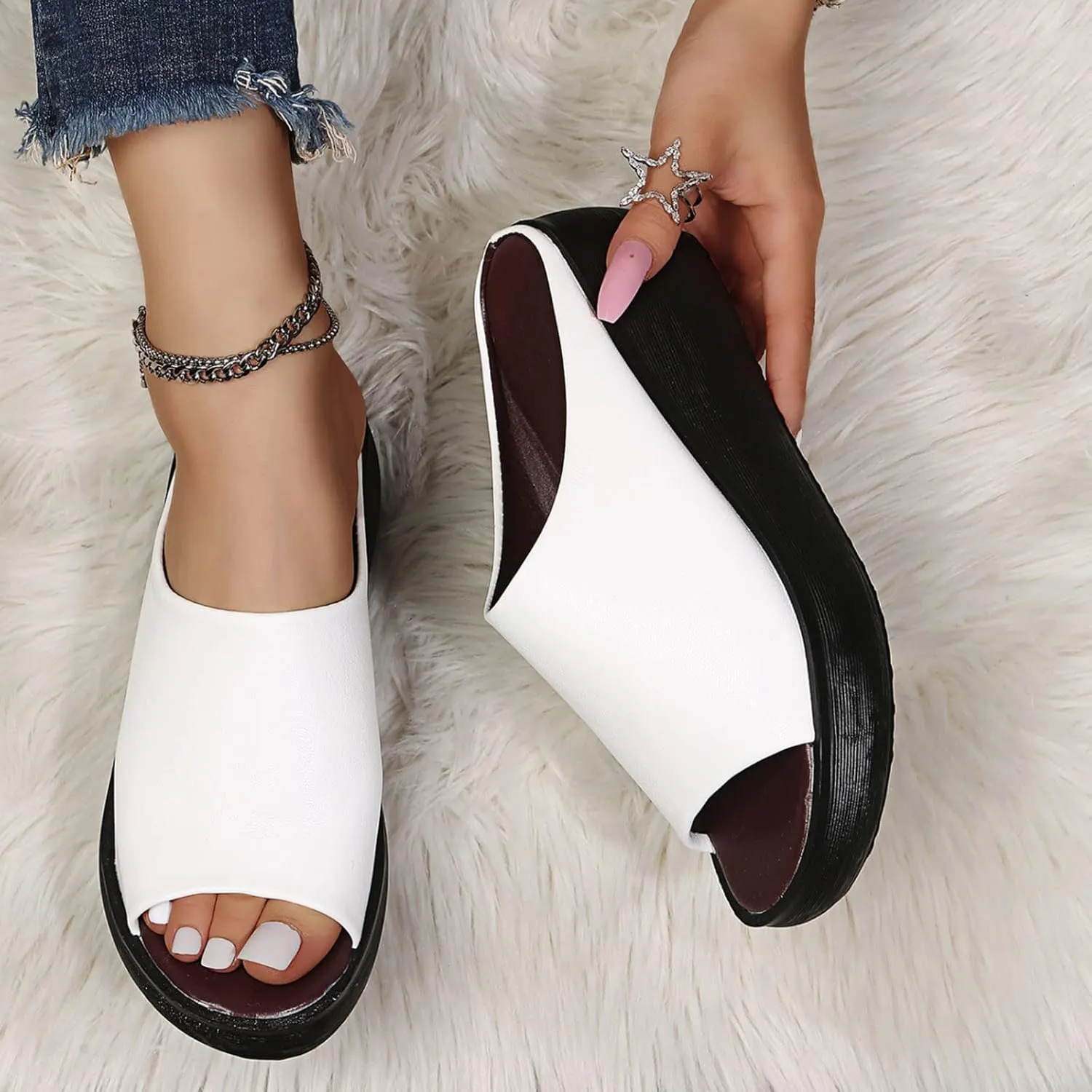 Avylays Orthopedic Sandals for Women Wedge Slip on Open Toe Sandals Thick Sole Arch Support Summer Beach Slide Sandals