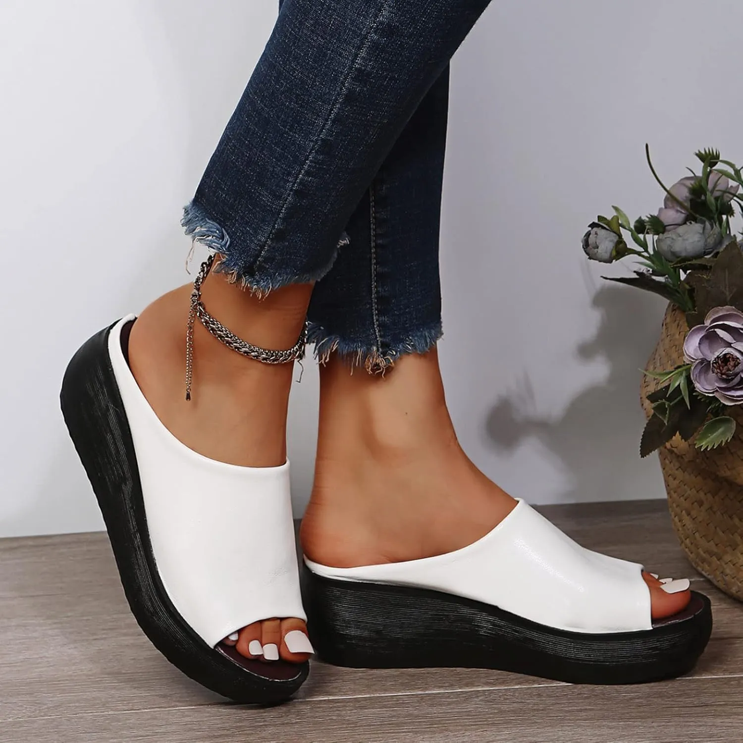 Avylays Orthopedic Sandals for Women Wedge Slip on Open Toe Sandals Thick Sole Arch Support Summer Beach Slide Sandals