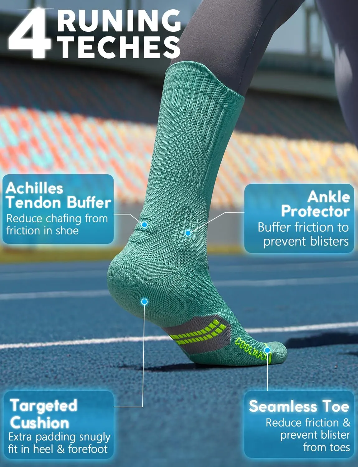 Bamboo Viscose Compression Running Crew Socks, Coolmax Moisture-Wicking Anti-Blister Hiking&Gym Athletic Socks
