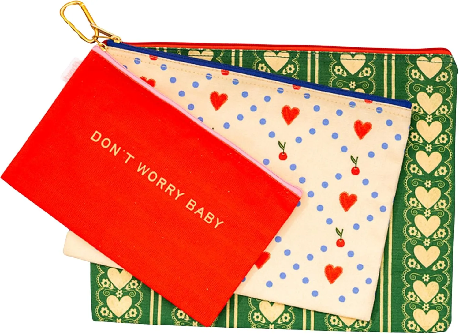 ban.do Travel Bags Carryall Trio, Nylon Bag Set, Waterproof Bag, 3 Zip Pouches for Pencils, Toiletries, or Accessories, Don't Worry Baby