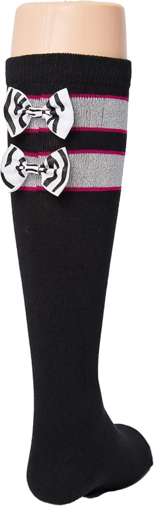 Black Girls Sports Socks Pink, Black and Silver with Zebra Print Bow Kids Size 9-2.5, Soccer, Volleyball, Field Hockey, Softball