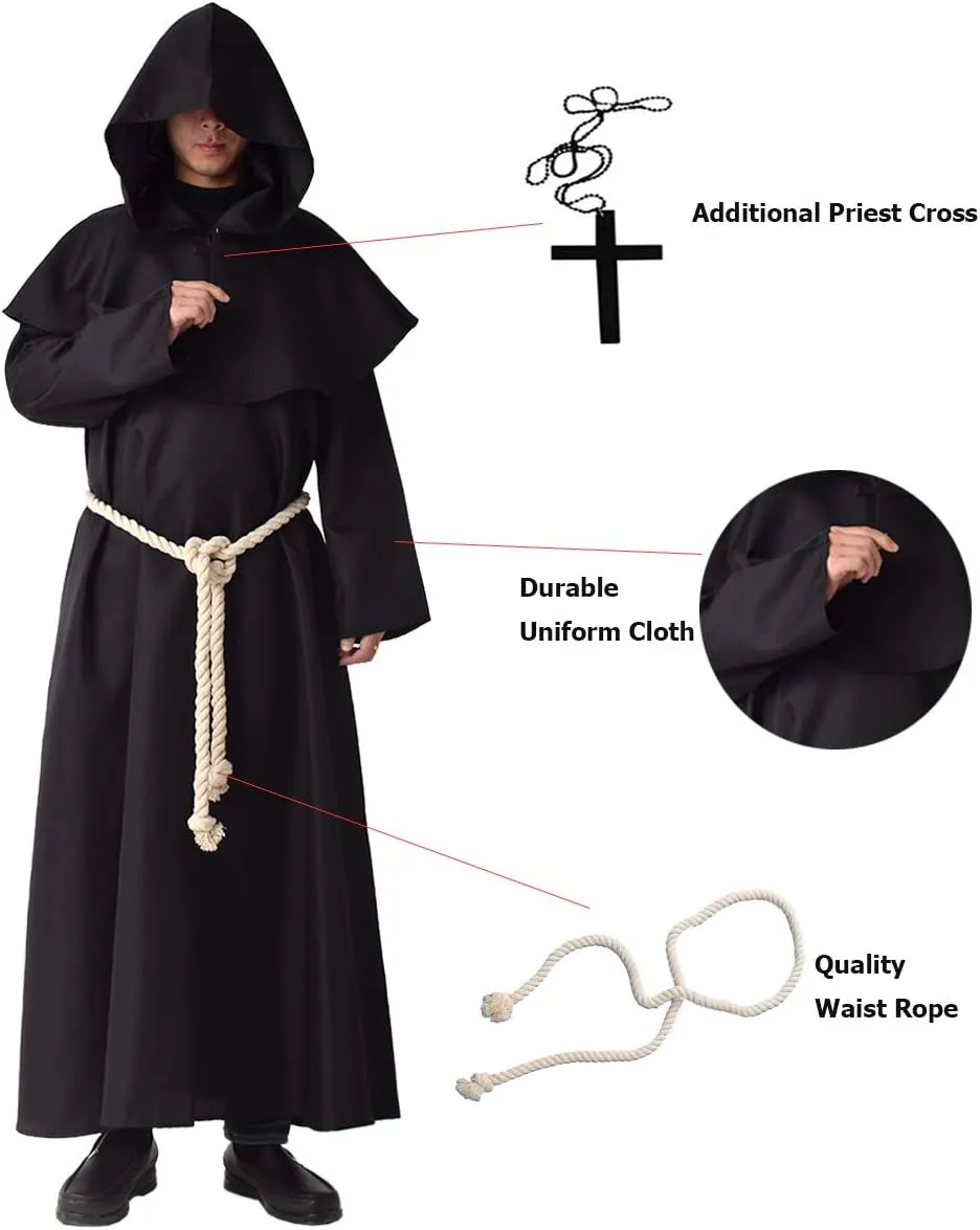 BLESSUME Friar Medieval Hooded Robe Cowl Monk Renaissance Costume Cloak