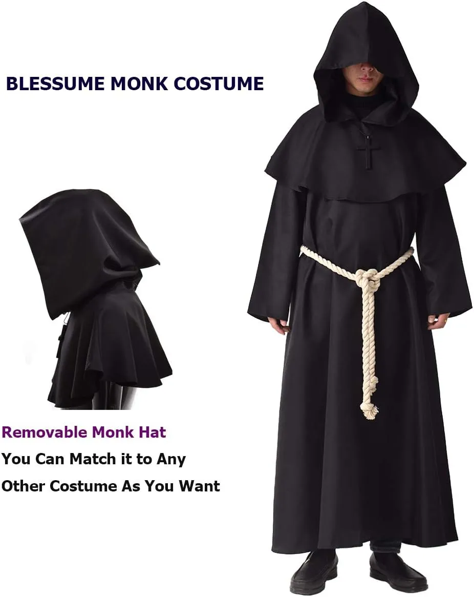BLESSUME Friar Medieval Hooded Robe Cowl Monk Renaissance Costume Cloak