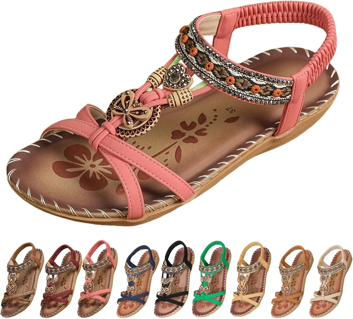 Bohemian Wedge Sandals for Women Summer Dressy Rhinestone Low Heel Beach Sandals Open Toe Flower Slip On Dress Shoes