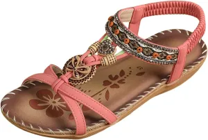Bohemian Wedge Sandals for Women Summer Dressy Rhinestone Low Heel Beach Sandals Open Toe Flower Slip On Dress Shoes