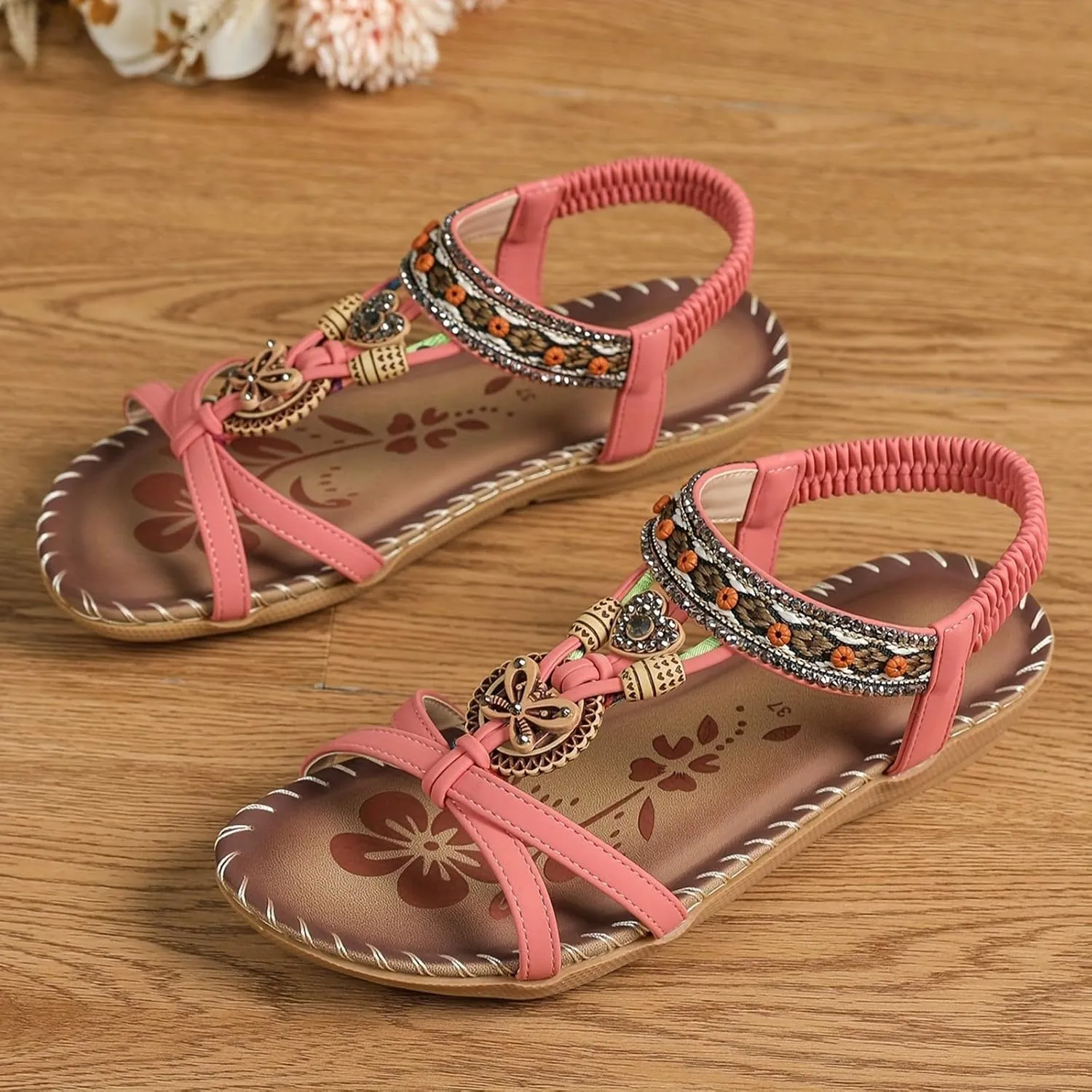 Bohemian Wedge Sandals for Women Summer Dressy Rhinestone Low Heel Beach Sandals Open Toe Flower Slip On Dress Shoes