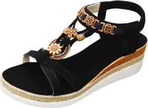 Bohemian Wedge Sandals for Women Vintage Casual Elastic Ankle Strap Beach Sandals Comfortable Open Toe Wide Width Dress Shoes