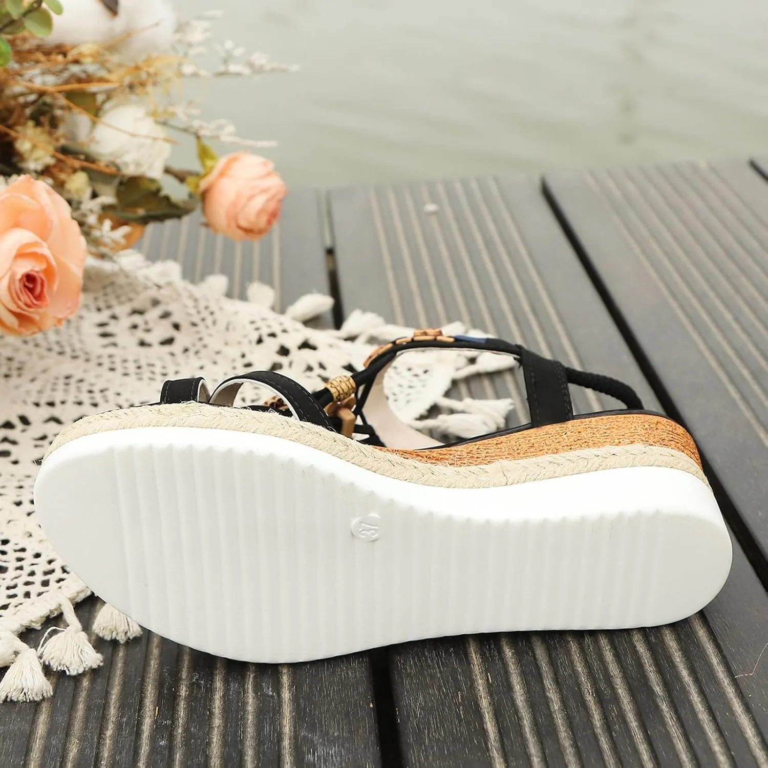 Bohemian Wedge Sandals for Women Vintage Casual Elastic Ankle Strap Beach Sandals Comfortable Open Toe Wide Width Dress Shoes