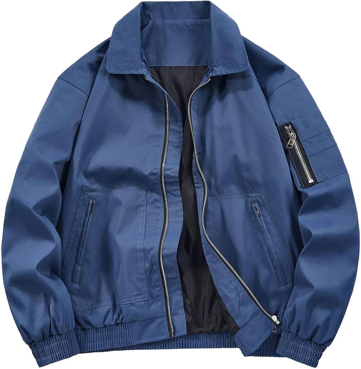 Bomber Jacket for Men Zip Up Lightweight Windbreaker Casual Long Sleeve Lapel Neck Outwear Cargo Coats with Pockets